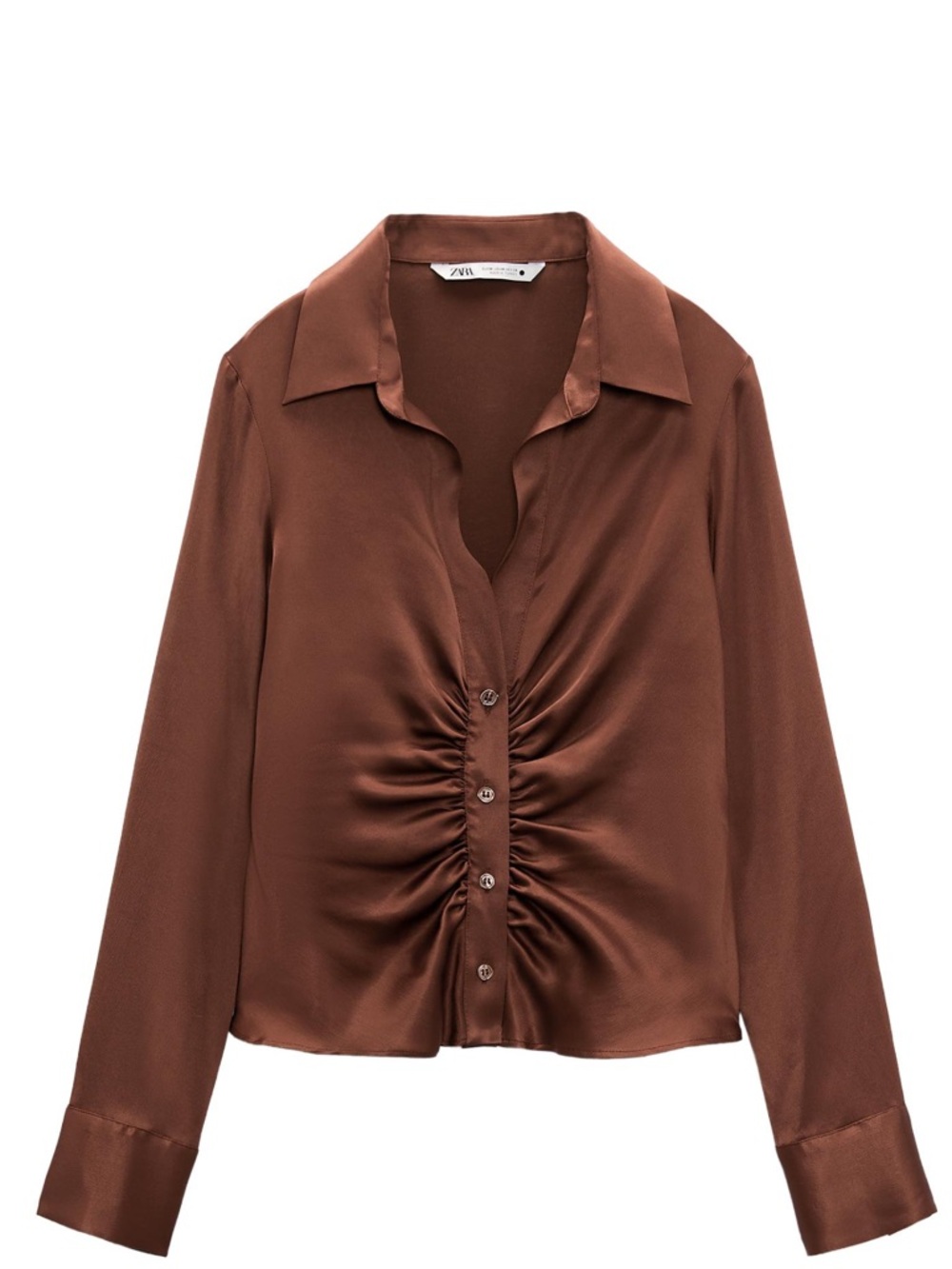 Zara Chocolate Brown Satin Ruched Button-Down Blouse